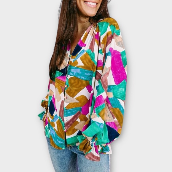 Entro Abstract Pattern Long Sleeve Button Front Loose Fit Ruffle Top Size Large - Picture 4 of 14